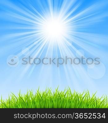 Background with a blue sky, sun and green grass.Mesh. Clipping Mask.This file contains transparency.EPS10