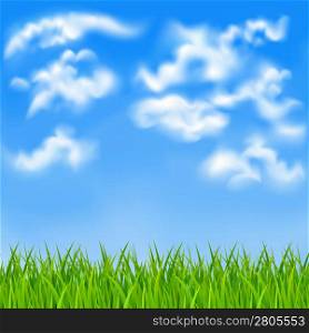 Background with a blue sky, white clouds and green grass. EPS10. Mesh. Clipping Mask.