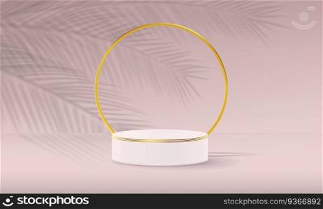 Background with a pedestal for product demonstration, framed by a gold ring with a plant shadow in a minimalist style