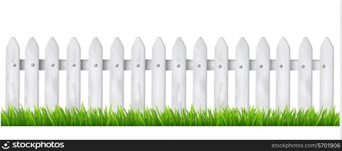 Background with a white wooden fence with grass. Vector.