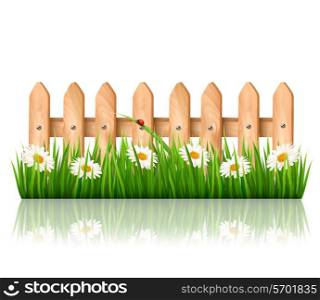 Background with a wooden fence with grass, flowers and butterflies. Vector.