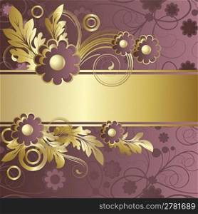 Background with abstract claret flowers and gold leaves