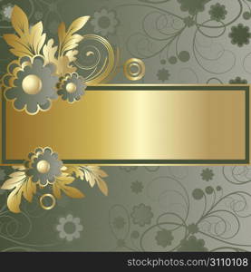 Background with abstract green flowers and gold leaves