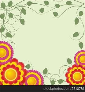 Background with abstract red flowers and green branches