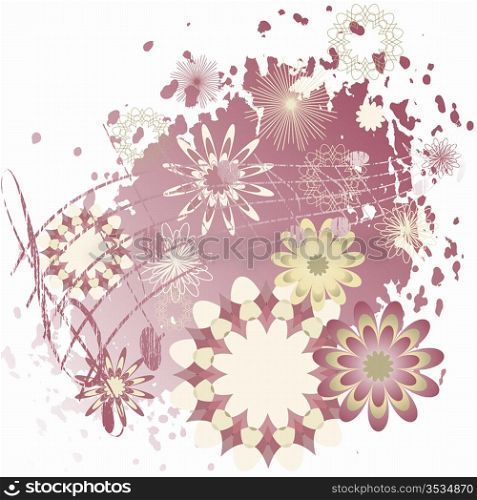 Background with abstract yellow and pink flowers and notes