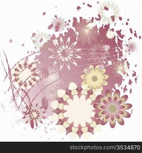 Background with abstract yellow and pink flowers and notes