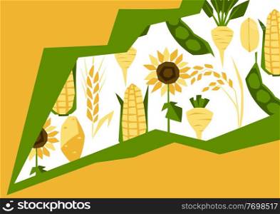 Background with agricultural crops. Harvesting stylized illustration. Vegetables and cereals.. Background with agricultural crops. Harvesting stylized illustration.