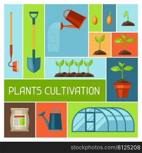 Background with agriculture objects. Instruments for cultivation, plants seedling process, stage plant growth, fertilizers and greenhouse.