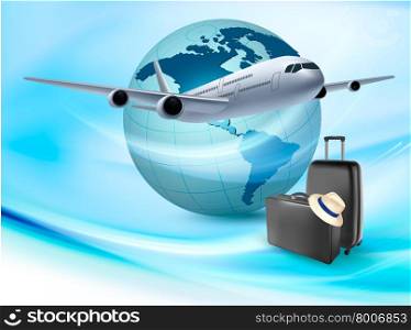 Background with airplane and globe. Travel concept. Vector