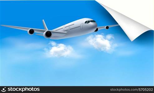 Background with airplane on blue sky. Travel concept. Vector