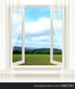 Background with an open window and a landscape. Vector.
