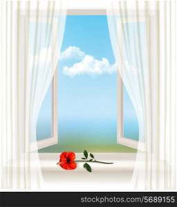 Background with an open window and a red flower. Vector.