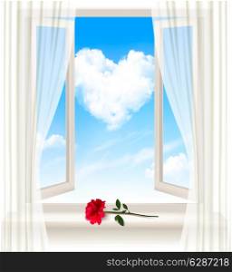 Background with an open window and a red flower. Vector.
