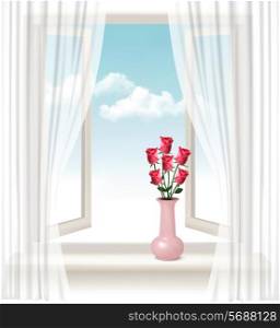Background with an open window and a vase with roses. Vector.