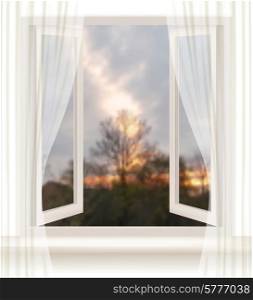 Background with an open window and an evening background. Vector.