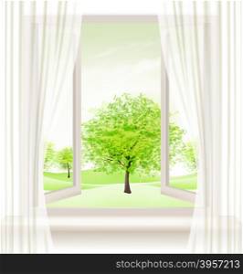 Background with an open window and green trees. Vector.