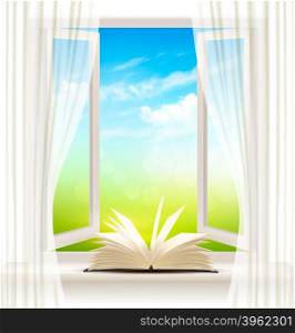 Background with an open window and open book. Vector.