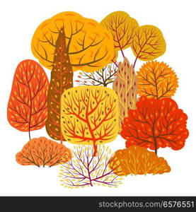 Background with autumn stylized trees. Landscape seasonal illustration.. Background with autumn stylized trees.