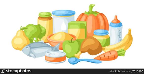 Background with baby food items. Healthy child feeding.. Background with baby food items.