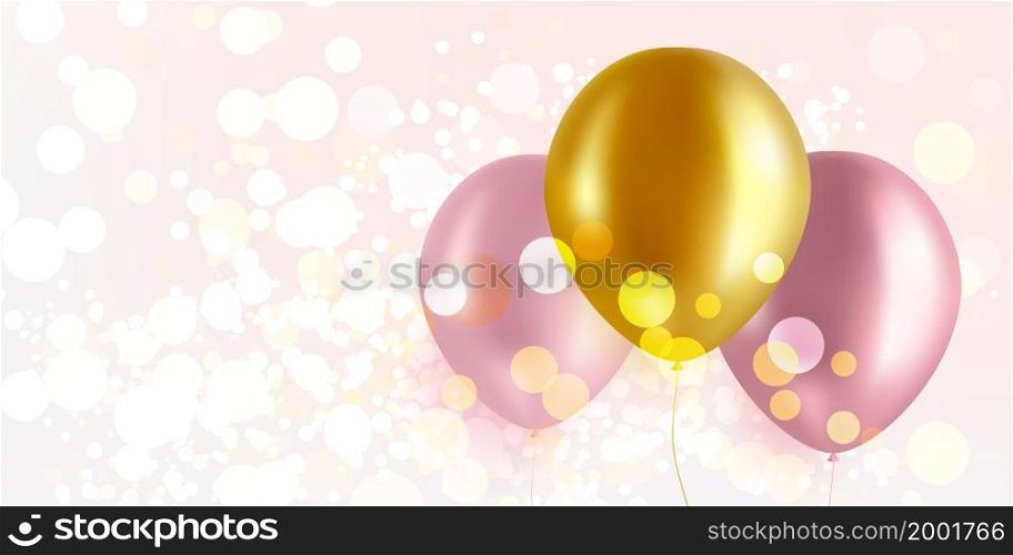 Background with beautiful pink and gold balloons. Golden and sparkling bokeh. Vector illustration.. Background with beautiful pink and gold balloons. Golden and sparkling bokeh.