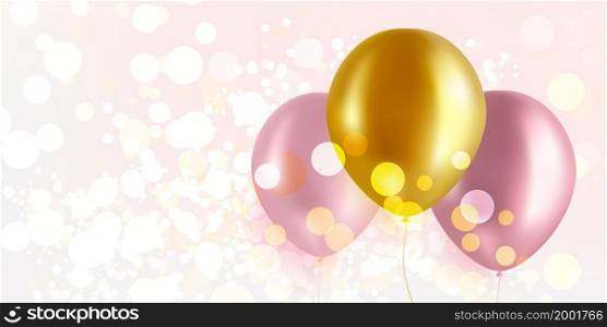 Background with beautiful pink and gold balloons. Golden and sparkling bokeh. Vector illustration.. Background with beautiful pink and gold balloons. Golden and sparkling bokeh.