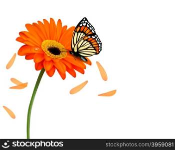 Background with beautiful red flower with butterfly. Vector