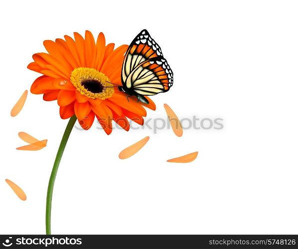 Background with beautiful red flower with butterfly. Vector