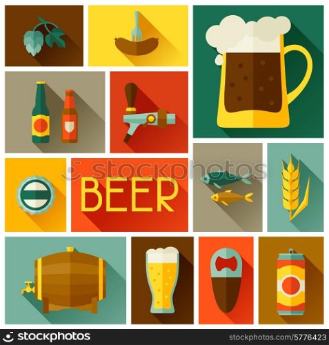 Background with beer icons and objects in flat style.. Background with beer icons and objects in flat style
