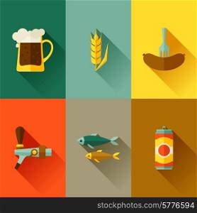 Background with beer icons and objects in flat style.. Background with beer icons and objects in flat style