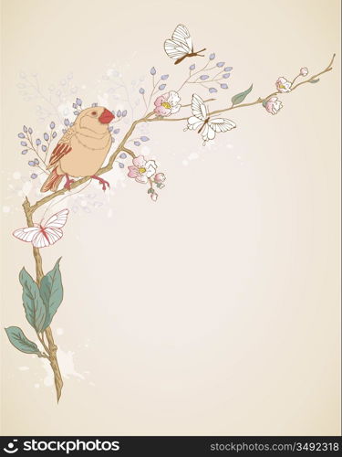 background with bird sitting on a branch of blossoming tree