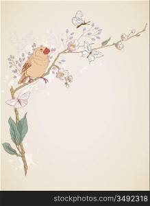 background with bird sitting on a branch of blossoming tree