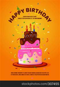 Background with birthday cake and candles. Birthday banner with sweet cake decoration. Vector illustration. Background with birthday cake and candles. Vector illustration