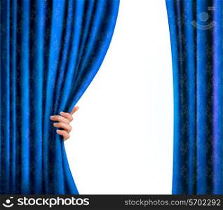 Background with blue velvet curtain and hand. Background with blue velvet curtain and hand. Vector