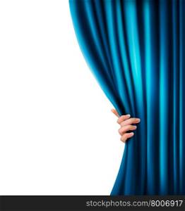 Background with blue velvet curtain and hand. Vector illustration