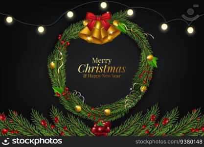 Background with Border of Realistic Looking Christmas Tree Branches Decorated with Berries