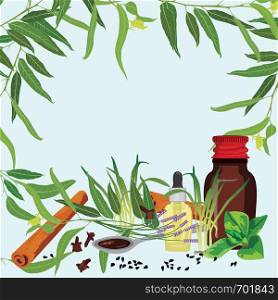 Background with Bottles of medicine syrup and a dropper and an empty space for your text. Rremedy homeopathic mixture and medical herbes vector illustration isolated on a white background