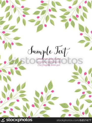 Background with branches of leaves. Vector illustration of pink buds and leaves. Background with branches of leaves