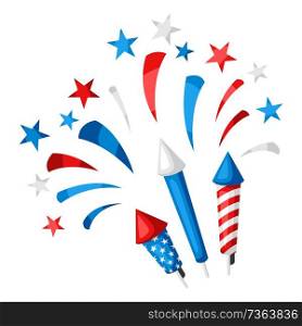 Background with bright colorful fireworks and salute. In colors of American Flag.. Background with bright colorful fireworks and salute.