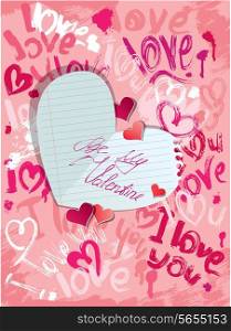 Background with brush strokes and scribbles in heart shapes and words LOVE, I LOVE YOU and paper heart with calligraphic text Be my Valentine - Valentines Day card.