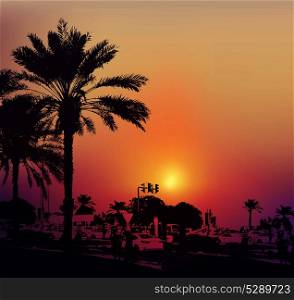 Background with buildings and palms in Dubai city, United Arab Emirates. Travel concept.