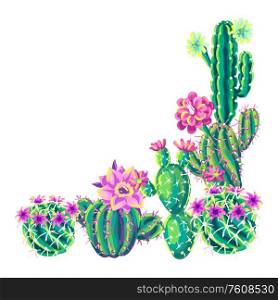 Background with cacti and flowers. Decorative spiky flowering cactuses in hand drawn style.. Background with cacti and flowers.