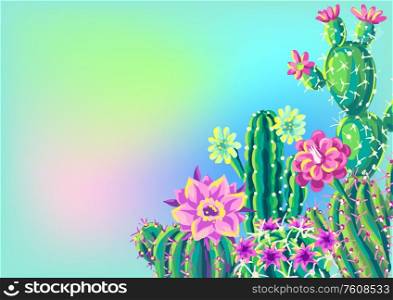 Background with cacti and flowers. Decorative spiky flowering cactuses in hand drawn style.. Background with cacti and flowers.