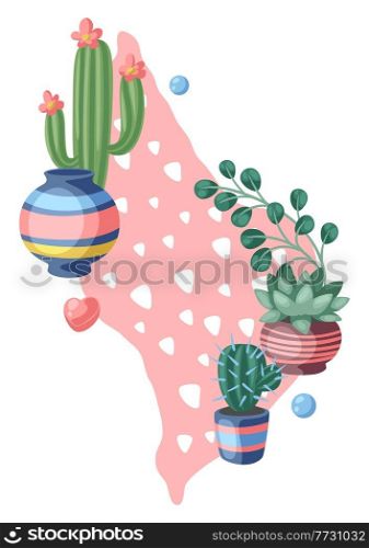 Background with cactuses and succulents. Decorative spiky flowering cacti and plants in flowerpots. Home craft decoration.. Background with cactuses and succulents. Decorative spiky flowering cacti and plants in flowerpots.