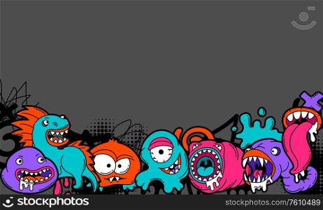 Background with cartoon monsters. Urban colorful teenage creative illustration. Evil creatures in modern comic style.. Background with cartoon monsters.