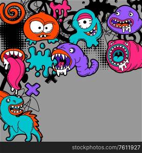 Background with cartoon monsters. Urban colorful teenage creative illustration. Evil creatures in modern comic style.. Background with cartoon monsters.