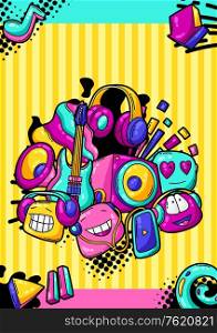 Background with cartoon musical items. Music party colorful teenage creative illustration. Fashion symbol in modern comic style.. Background with cartoon musical items.