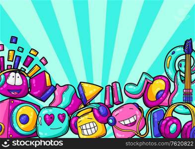 Background with cartoon musical items. Music party colorful teenage creative illustration. Fashion symbol in modern comic style.. Background with cartoon musical items.