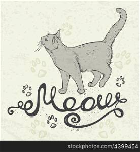 "Background with cat and lettering "Meow". Hand drawn vector illustration."