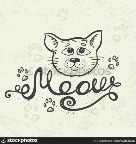 "Background with cat muzzle and lettering "Meow". Hand drawn vector illustration."