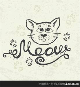 "Background with cat muzzle and lettering "Meow". Hand drawn vector illustration."